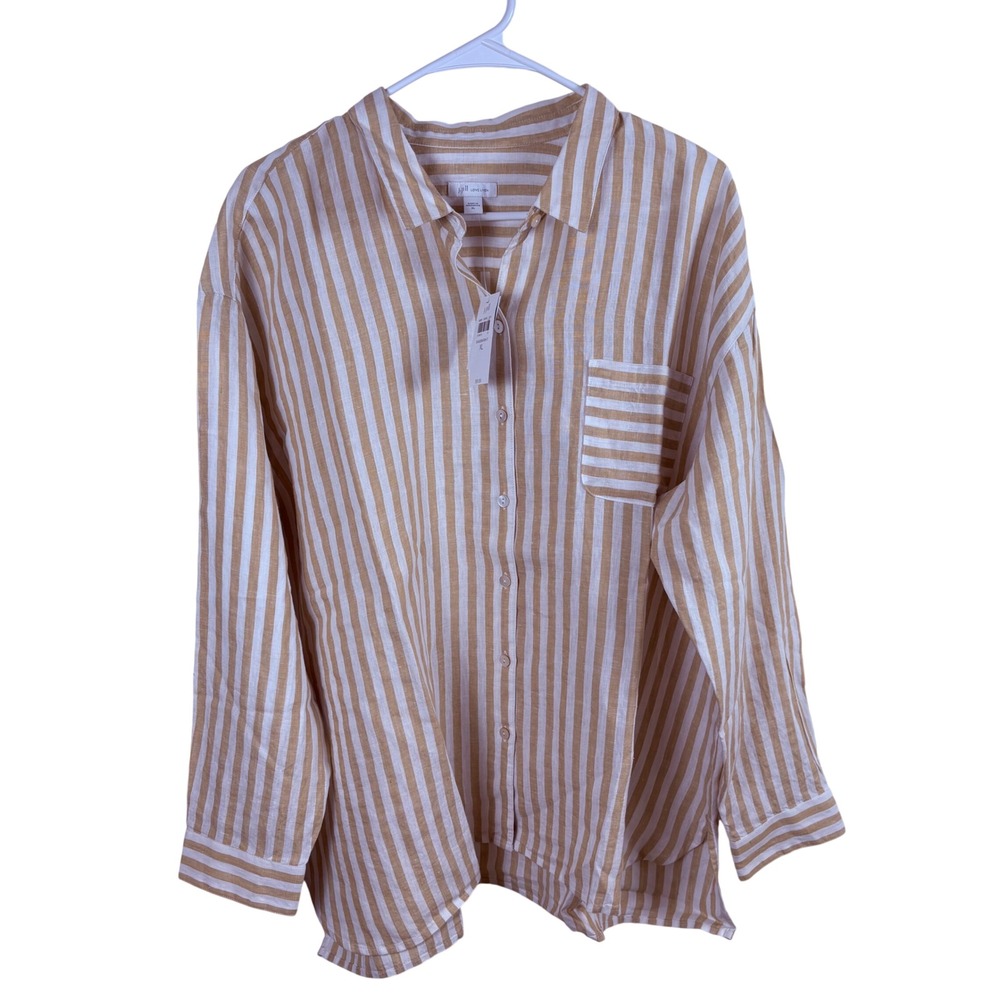 NWT J. Jill Love Linen Shirt Women's XL Tan White Striped Button Down Coastal